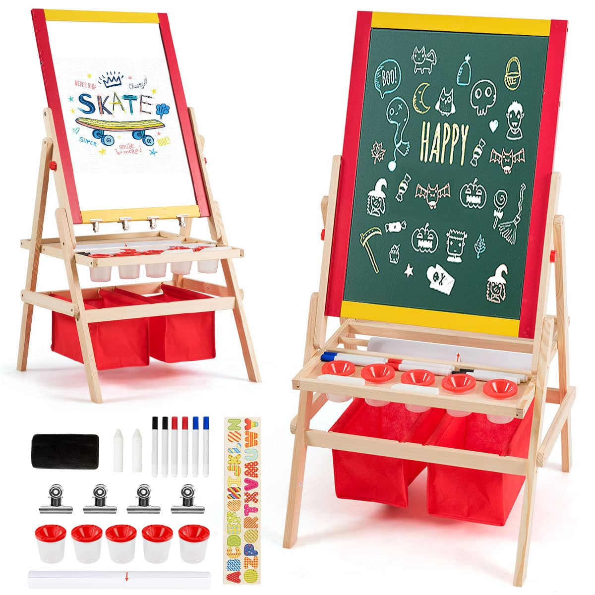 Costway - Flip-Over Double-Sided Kids Art Easel Paper Roll Storage Bins - Multicolor