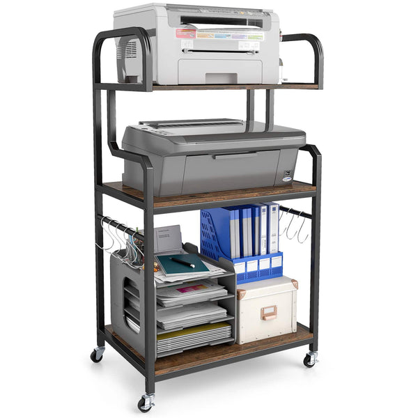 Gymax - 3-Tier Rolling Printer Stand Home Office Large Printer Cart w/ Storage Shelves Rustic Black - Brown