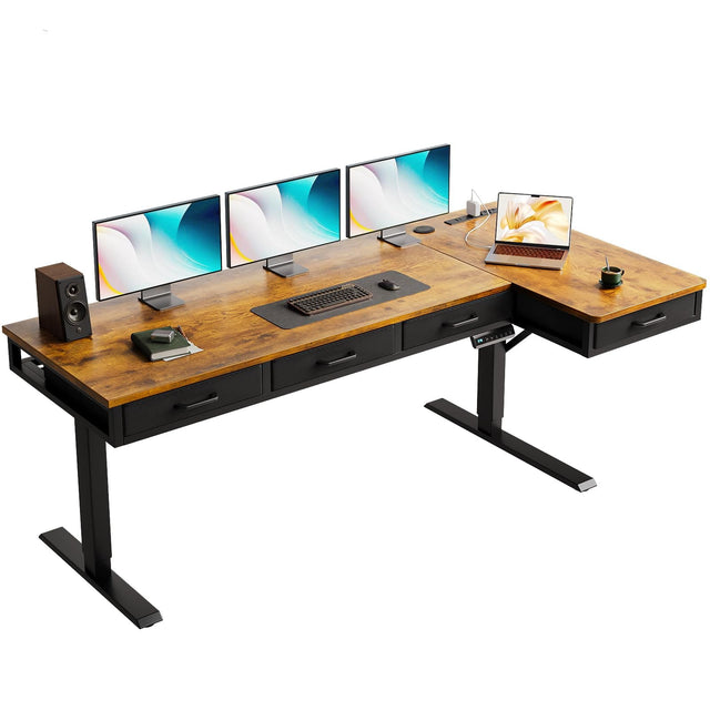 Front. AODK - L Shaped Electric Standing Desk with Drawers, Height Adjustable Sit Stand Computer Table with Power Outlets - Brown.