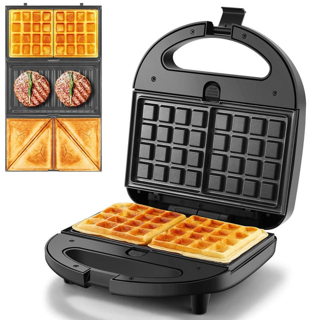 Front. OSTBA - 3-in-1 Sandwich Maker, Panini Press & Waffle Maker, 3 Removable Non-stick Plates - Black.