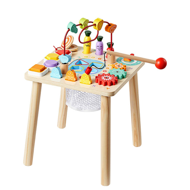 Front. VEVOR - Montessori Activity Table for Toddler 1-3 Years Old, 8 in 1 Wooden Learn Activity Desk - Natural wood color + colored accents.