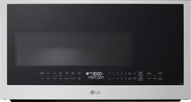 Defrost  
Soften  
Melt  
Cook  
Reheat  
Kids  
Steam  
More  
Cook Modes  
SENSOR COOKING  
Popcorn  
Potato  
Vegetable  
Beverage  
Cook Time  
Power Level  
AM/PM  
30:00  
Kg  
POPCORN  
1 2 3 4 5 6 7 8 9 0 +30  
START  
Clock  
seconds  
Enter  
Timer Settings  
STOP  
On/Off  
W-  
Cnr  
Cae  
Lo  
Light  
Sound  
High/Low/OH  
High  
Low  
VENT  
Auto On/Off  
4 Speed  
Timeset  
*IoM  
seconds  
ThinQ  
LG