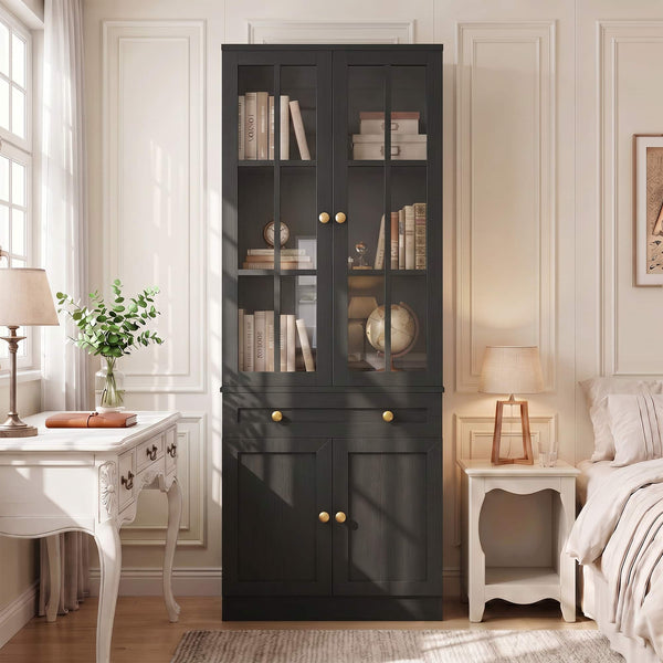 Aheaplus - 80'' Tall Farmhouse Bookcase with Drawer, Glass Doors, and Adjustable Shelves - Black
