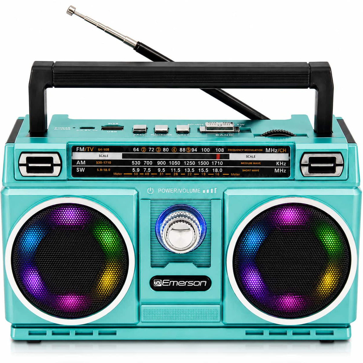 Emerson - Portable Bluetooth Radio Boombox with 4-Band AM/FM/TV/SW Radio, USB & TF MP3 Playback, Rechargeable or Battery Powered - Turquoise