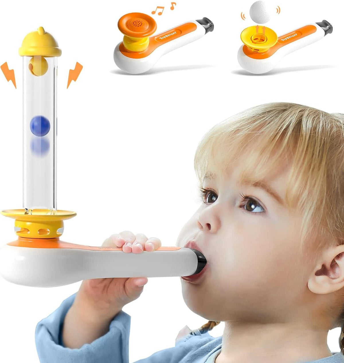 TOPBRIGHT - 3-in-1 Sensory Toys for Toddlers, Montessori Fine Motor Activity Toy with Whistle, Bells & Ball Blower, Ages 3+ - Yellow