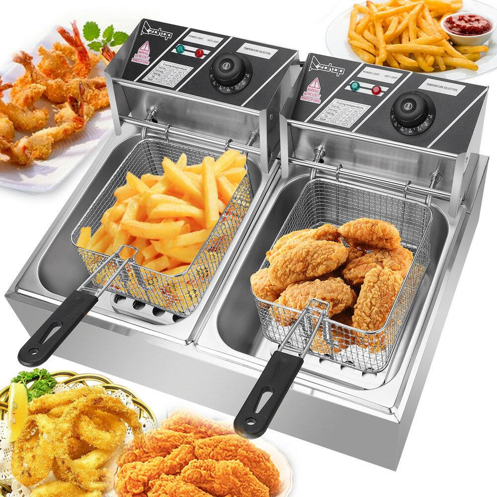 Winado - 5000W 22.8QT/21.6L Electric Deep Fryer w/Basket Portable Dual Tank Basket Commercial Restaurant Fat Fryer Frying Machine - Silver