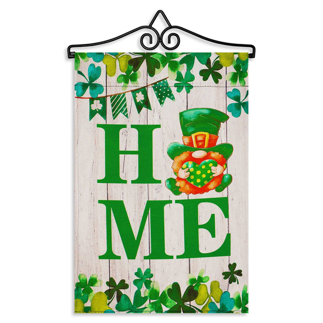 Front. G128 - Combo Pack Garden Flag Hanger 14.2 in & 12 x 18 in Double-Sided Blockout Garden Flag — St. Patrick's Gnome with Heart. - Green.