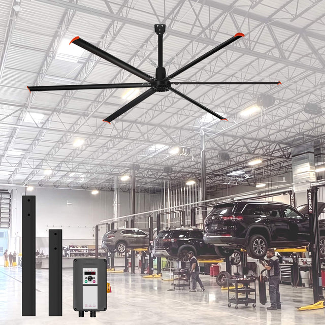 Front. Breezary - 192‑Inch HVLS Industrial Ceiling Fan, 1P 110V, Direct Drive DC Motor, Variable Speed, Aluminum Blades, Commercial Grade - Matte Black.