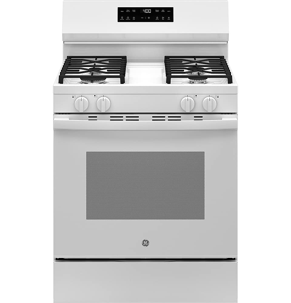 GE - 30 in. Wide 4 Burners 5.3 Cu.Ft. Freestanding Gas Range with Self-Clean and Steam Cleaning Option and Built-In Wi-Fi - White