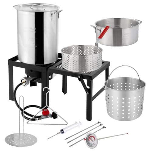 Winado - 4PCS 30QT Turkey Fryer 10QT Fish Fryer with Propane Burner Stand, Deep Pot Thermometer Turkey Rack Lifter for Outdoor - Silver