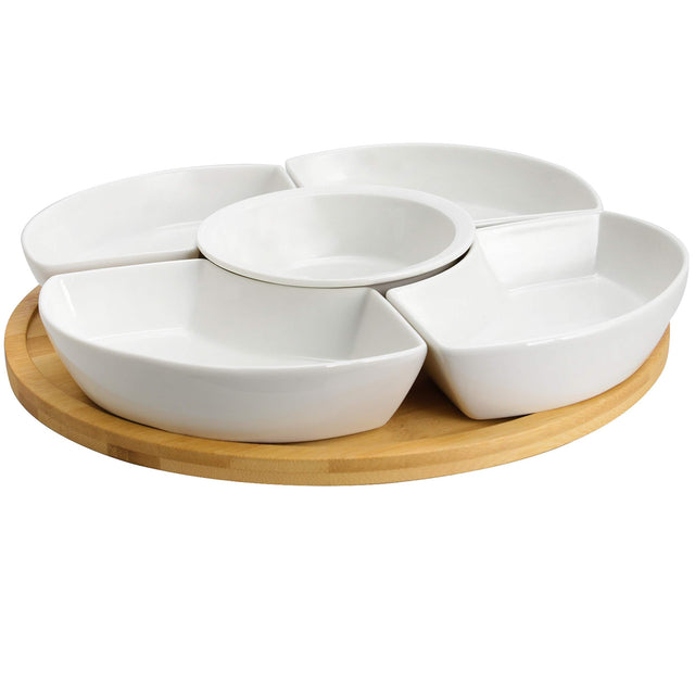 Front. Elama - Elama Signature 12 Inch 6-Piece Bamboo Lazy Susan Appetizer and Condiment Server Set with 5 Serving Dishes - White.