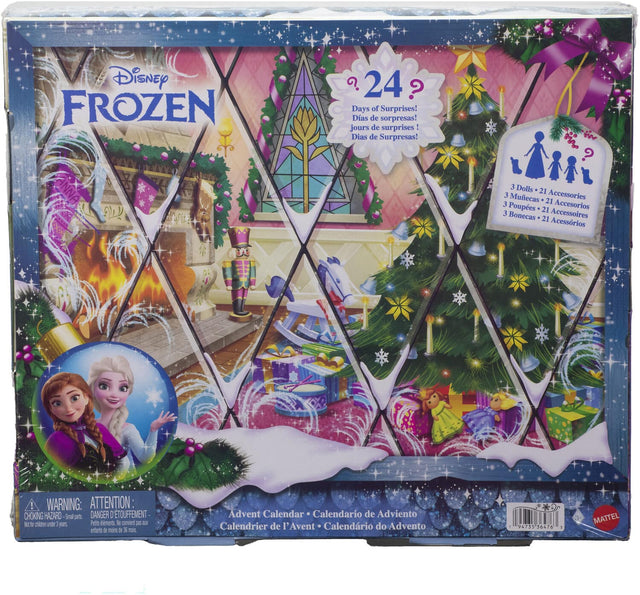 Disney FROZEN 24 Days of Surprises!  
Dias de sorpresas! Jours de surprises! Dias de Surpresas!  
3 Dolls 21 Accessories  
3 Muñecas 21 Accesorios  
3 Poupées 21 Accessoires  
3 Bonecas 21 Acessórios  
WARNING: ATTENTION CHOKING HAZARD - Small parts. Not for children under 3 years.  
Advent Calendar - Calendario de Adviento - Calendrier de l'Avent - Calendario do Advento  
MATTEL