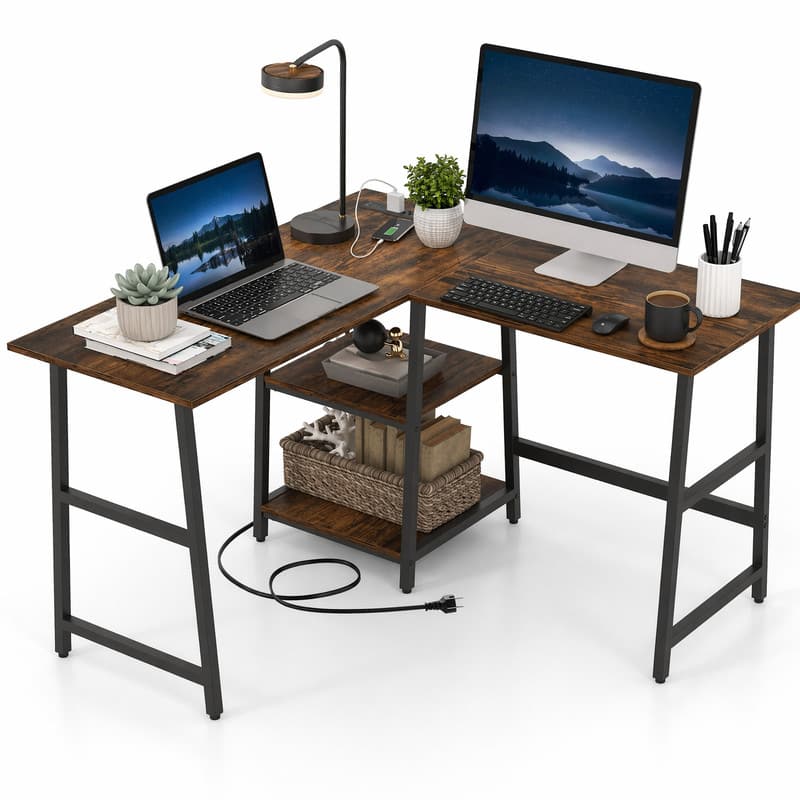 WELLFOR - 48" L Shape Desk with Charging Station, Corner Computer Desk with Storage Shelves for Home Office & Gaming - Brown