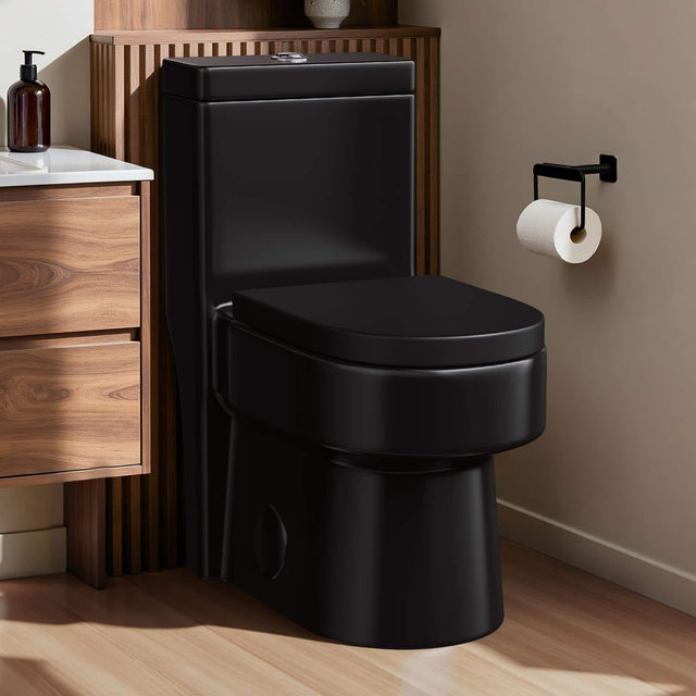 Front. Koligey - Compact One Piece Toilet with Soft-close Seat Lid, Power Dual Flush 1.2/1.85 GPF, Standard White Toilet Bowl - Black.