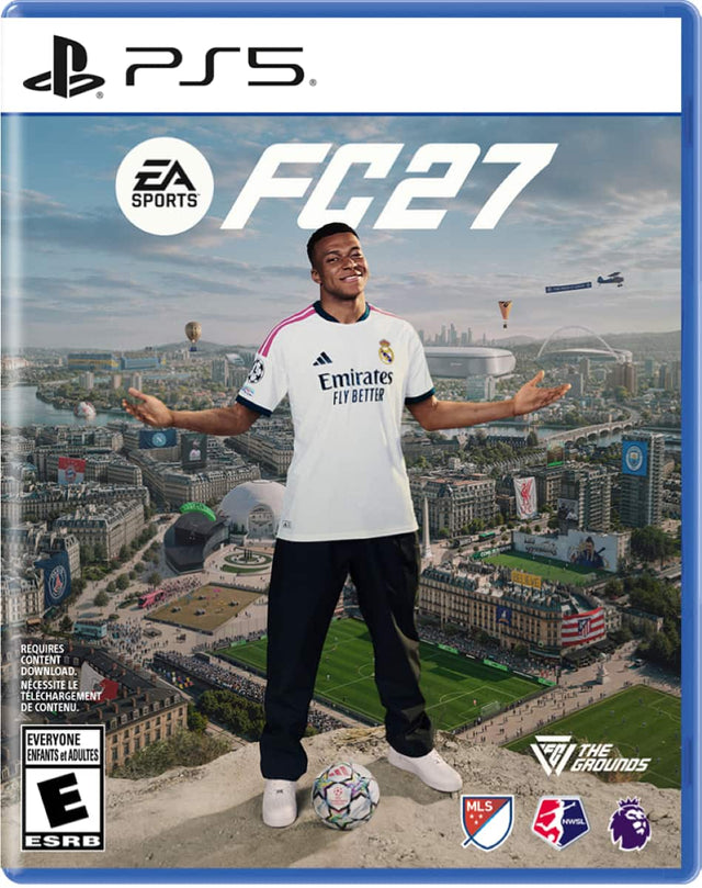 PS5 EA SPORTS FC27 Emirates FLY BETTER REQUIRES CONTENT DOWNLOAD. NECESSITE LE TÉLÉCHARGEMENT DE CONTENU. EVERYONE ENFANTS et ADULTES E ESRB MLS THE GROUNDS NWSL