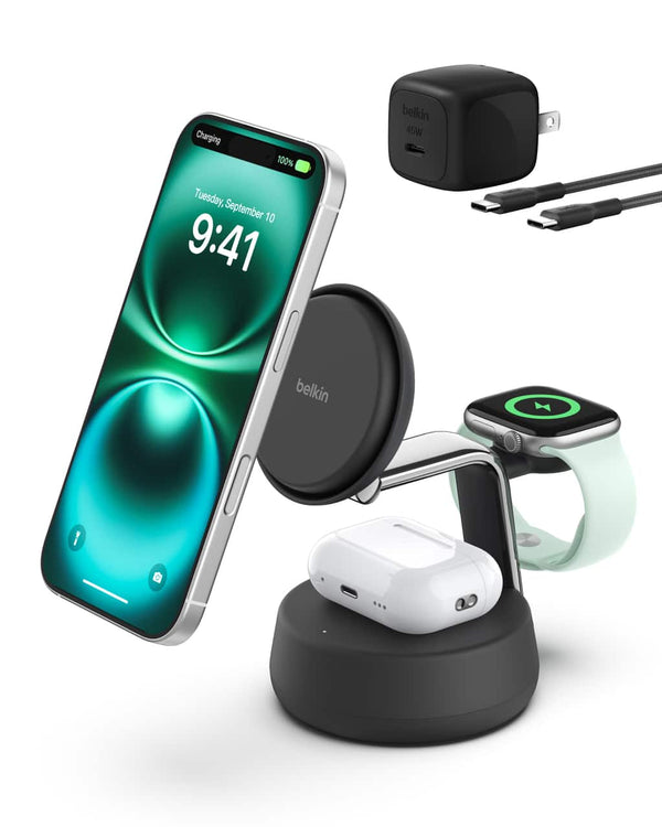 Belkin - UltraCharge Pro 3-in-1 Qi2 25W Magnetic Wireless Charging Dock for iPhone, Apple Watch and AirPods - Charcoal
