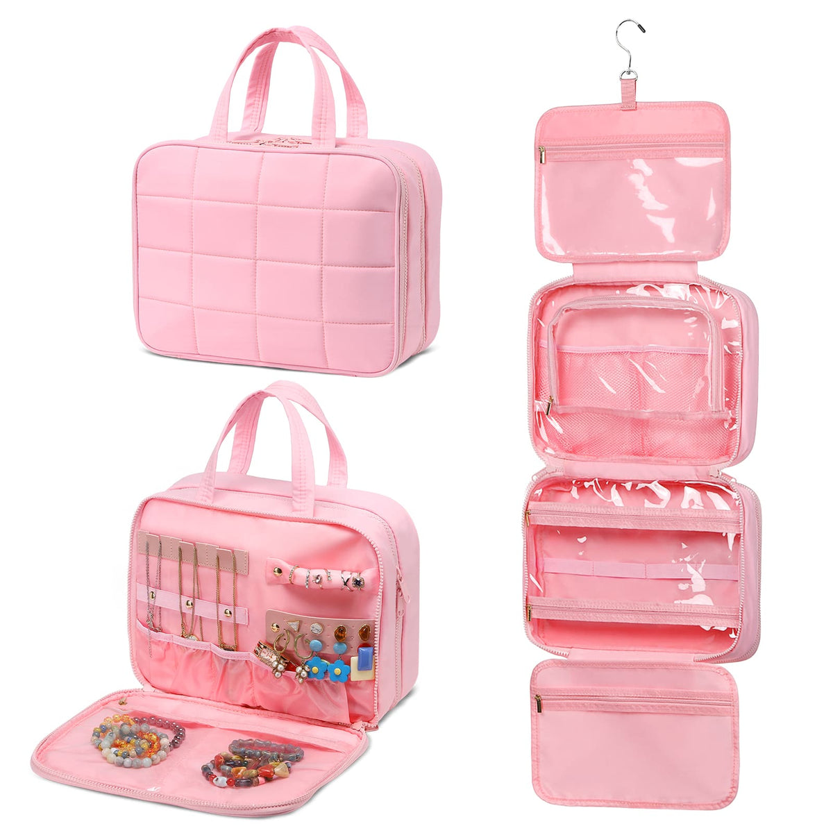 Unique Bargains - Travel Hanging Toiletry Bag for Women, Puffy Makeup Bag with Jewelry Organizer, Waterproof Compartment - Pink