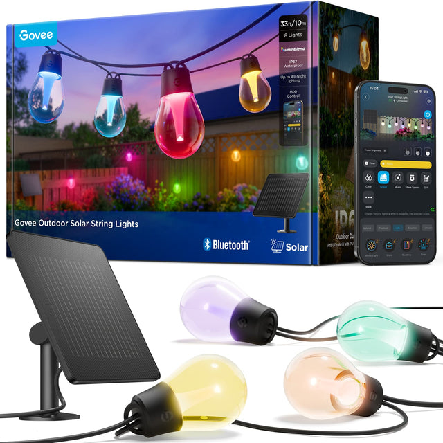 Govee Outdoor Solar String Lights

- 33ft/10m
- 8 Lights
- Waterproof IP67
- Up to All-Night Lighting
- Bluetooth App Control
- Solar Charging
- Smart Lighting
- Outdoor Dual
- Art of Nature with PE
- Waterproof Light
- Working
- Reading
- Street

Govee Outdoor Solar String Lights Bluetooth® Solar