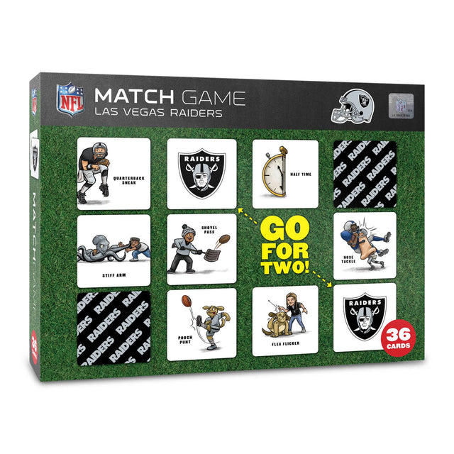 MATCH GAME  
NFL  
LAS VEGAS RAIDERS  

QUARTERBACK SNEAK  
STIFF ARM  
POUCH PUNT  
FLEA FLICKER  
HALF TIME  
GO FOR TWO!  
NOSE TACKLE  

RAIDERS  
36 CARDS  

DER RAIDERS  
RAIDERS  
RAIDERS  
RAIDERS  
RAIDERS  
RAIDERS