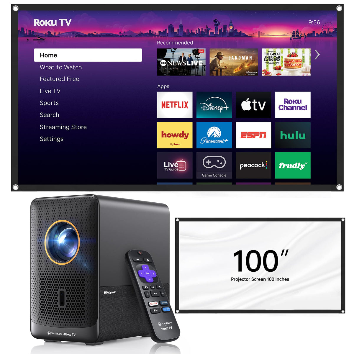 Vankyo - Performance H500RS Native Full HD 1080P Smart Single LCD Portable Projector with Built-in Roku TV, 100” Screen - Black
