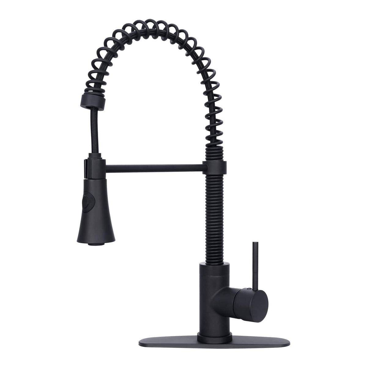 Akicon - Pre-Rinse Spring Solid Brass Single Handle Kitchen Faucet with Pull Down Sprayer - Matte Black