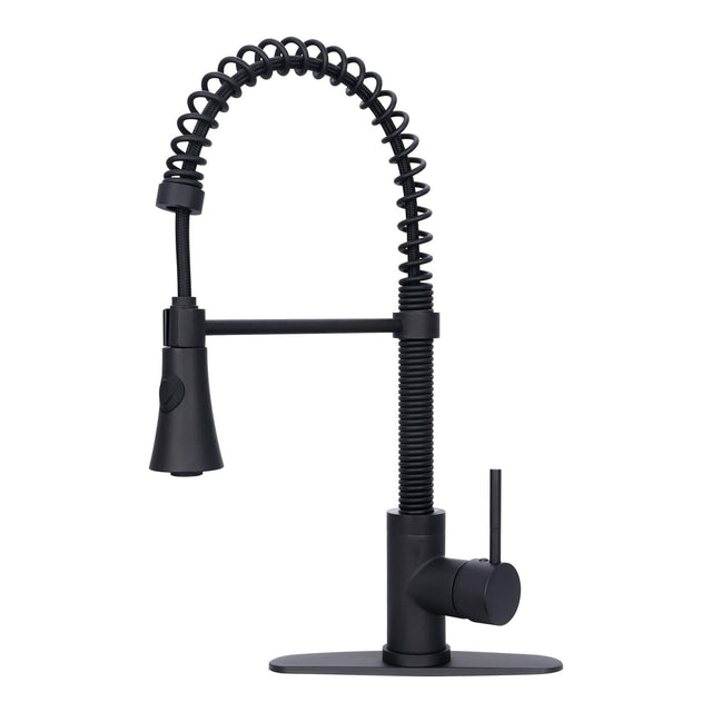 Front. Akicon - Akicon Pre-Rinse Spring Solid Brass Single Handle Kitchen Faucet with Pull Down Sprayer in Matte Black - Matte Black.