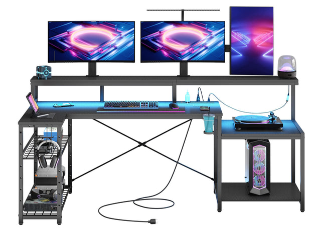 Front. Bestier - L-Shaped Gaming Desk with Power Outlets, LED Lighting and Monitor Stand - Black.