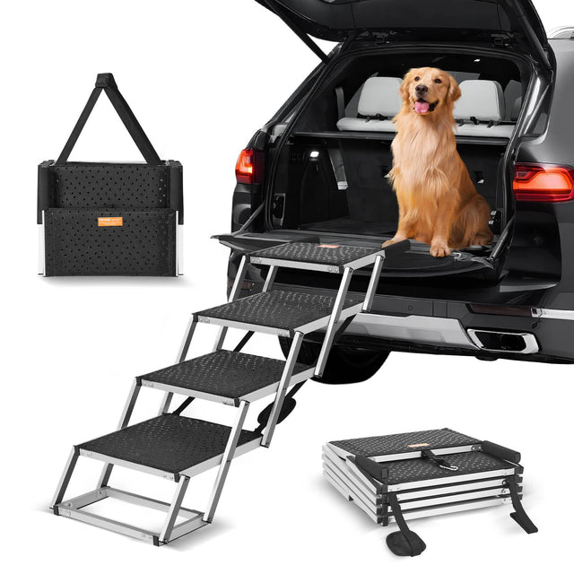 Front. VEVOR - Dog Stair for Cars, Wide 4-step Dog Car Steps, Folding Dog Car Ramp with Nonslip Surface, Supports up to 150 lbs - Black.