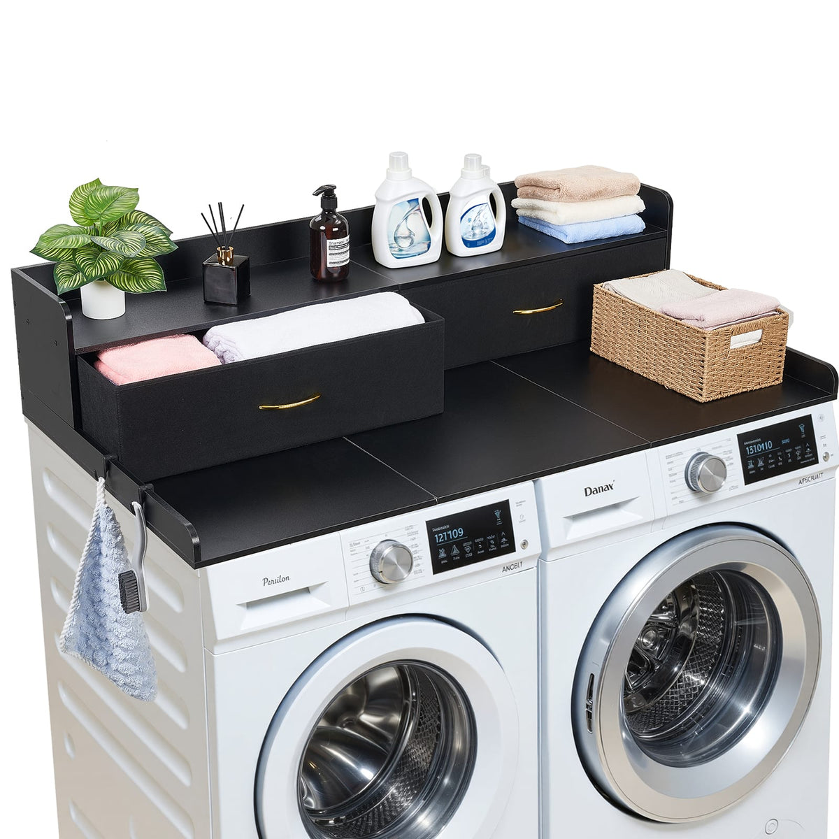 VEVOR - Washer Dryer Countertop with Shelf, 54 x 27.5 in Wooden Washer and Dryer Topper with 2 Drawers & 2 Hooks - Black