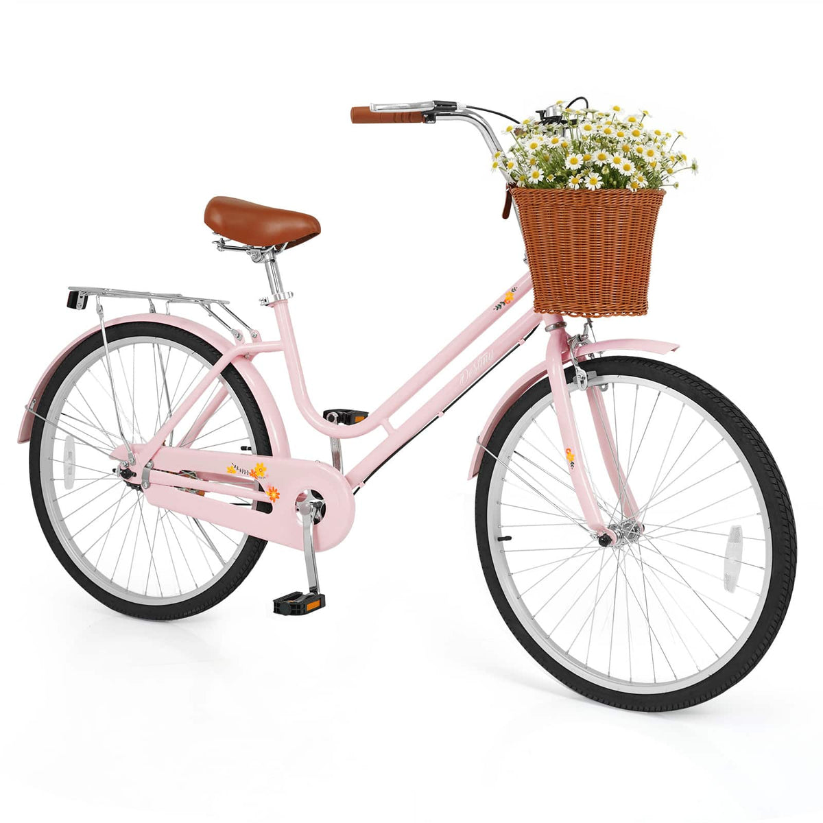 Costway - 24-Inch Beach Cruiser Bike with Adjustable Seat, Woven Basket & Rear Rack for City - Pink
