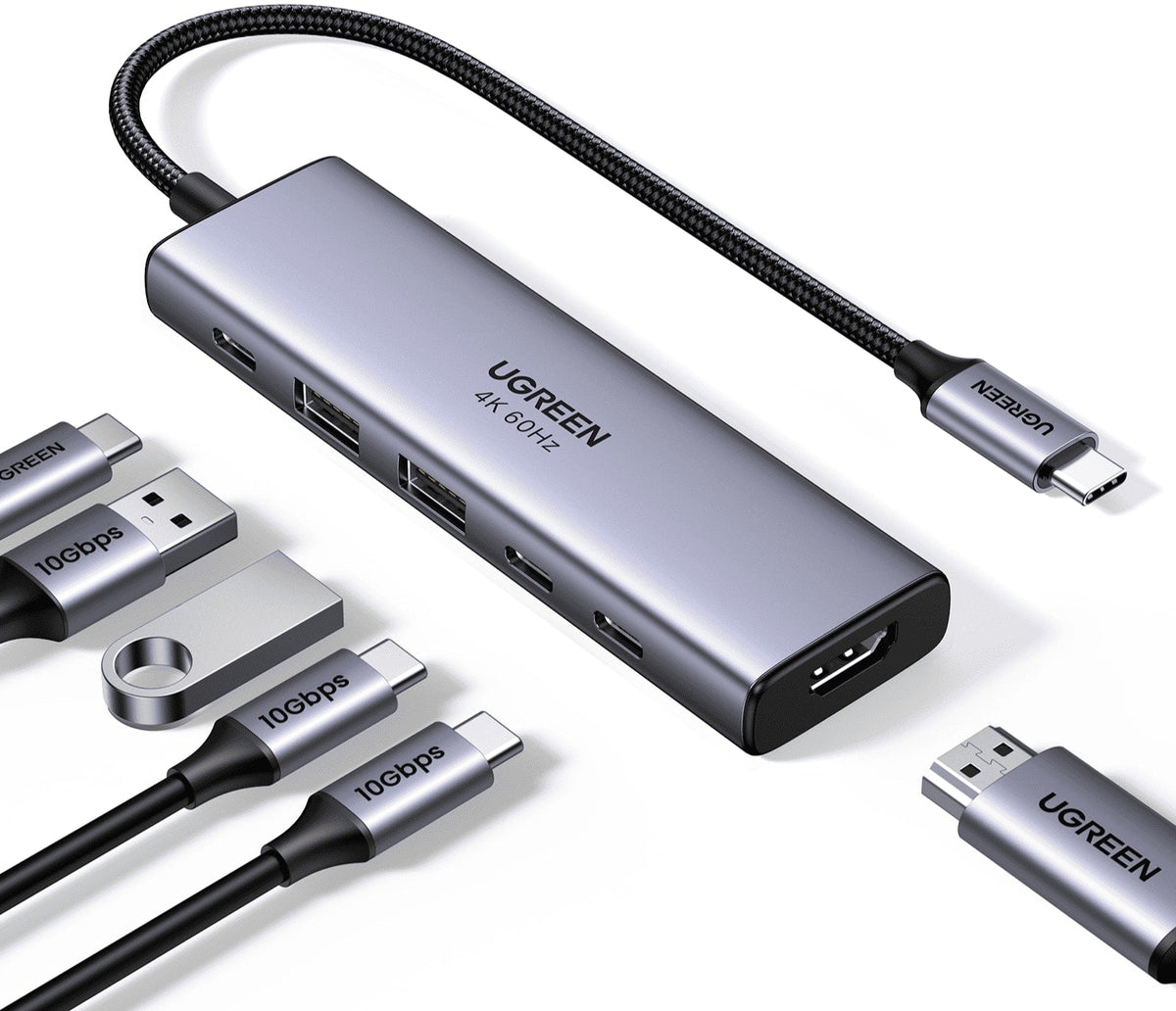UGREEN - USB C 3.2 Hub, 6-in-1 Multiport USB Adapter with 4K 60Hz HDMI, 4×10Gbps USB A&C, 100W PD, for Laptop, MacBook, iPad Pro - Space Gray