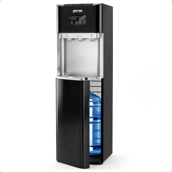 OSTBA - Water Dispenser, LED Display, Hot Cold & Room Water, Stainless Steel Tank, Child Lock, 3 & 5 Gallon for Home & Office - Black