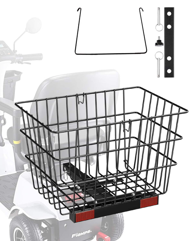 Front. VEVOR - Scooter Rear Basket, Heavy Duty Metal Wire Basket with Handle, Spacious Cargo Basket, Works with 1-inch Receiver - Black.