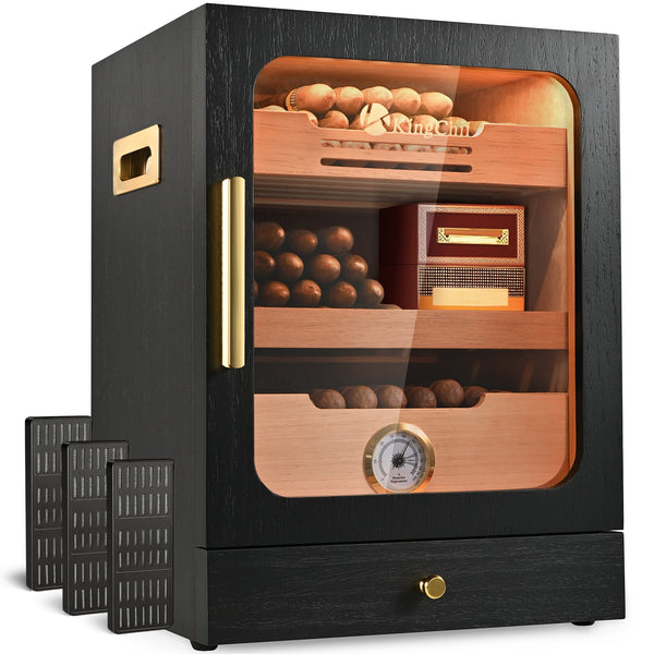 KingChii - 20L Cigar Humidor Cabinet, 100-Cigar Spanish Cedar Storage Box with 3 Humidifiers & 3-Color LED - Black