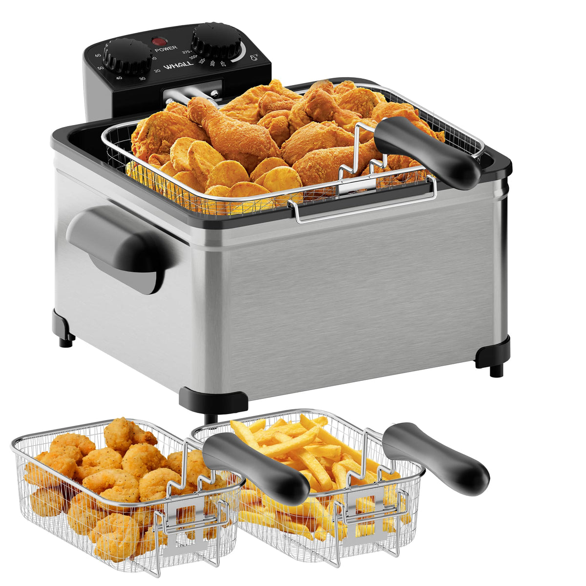 WHALL - 5.3QT Electric Deep Fryer, 1700W Electric Oil Fryer, Triple Baskets, Adjustable Temp,View Window - Stainless Steel