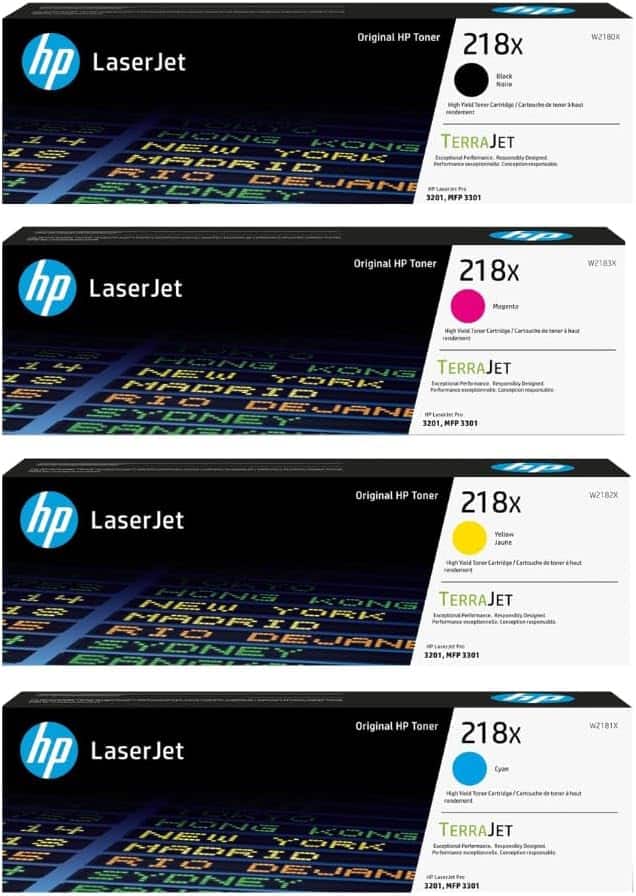 hp LaserJet Original HP Toner 218x Black  
W2180X  
Carteuche de toner haut rendement  
TERRAJET  
Excellente performance, Conception responsable  
HP LaserJet Pro 3201, MFP 3301  

hp LaserJet Original HP Toner 218x Magenta  
W2183X  
Carteuche de toner haut rendement  
TERRAJET  
Excellente performance, Conception responsable  
HP LaserJet Pro 3201, MFP 3301  

hp LaserJet Original HP Toner 218x Yellow  
W2182X  
Carteuche de toner haut rendement  
TERRAJET  
Excellente performance, Conception responsable