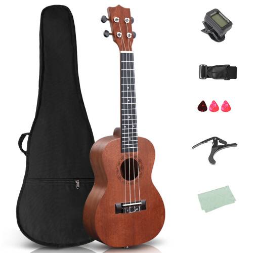 Front. Winado - 23" Mahogany 4-String Concert Ukulele Kit  Includes Gig Bag, Strap, Picks, Strings and Cleaning Cloth - Brown.