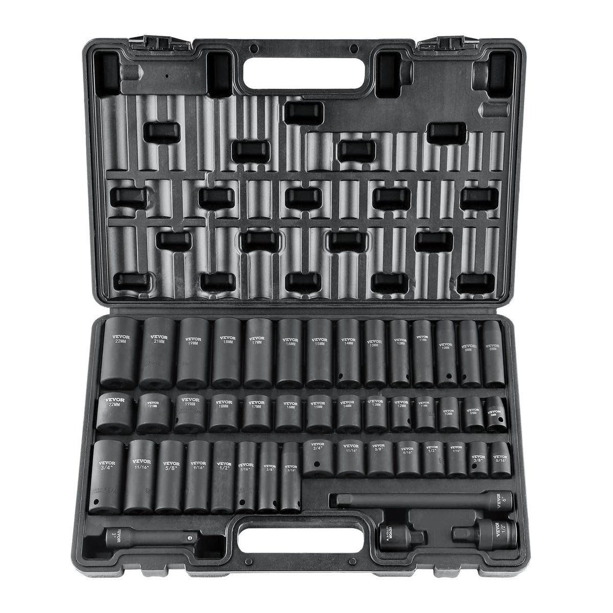 VEVOR - 3/8" Drive Impact Socket Set, 48 Piece Socket Set SAE （5/16" -3/4"） & Metric （8-22mm）6 Point Cr-V Drive Extension Bar - Black