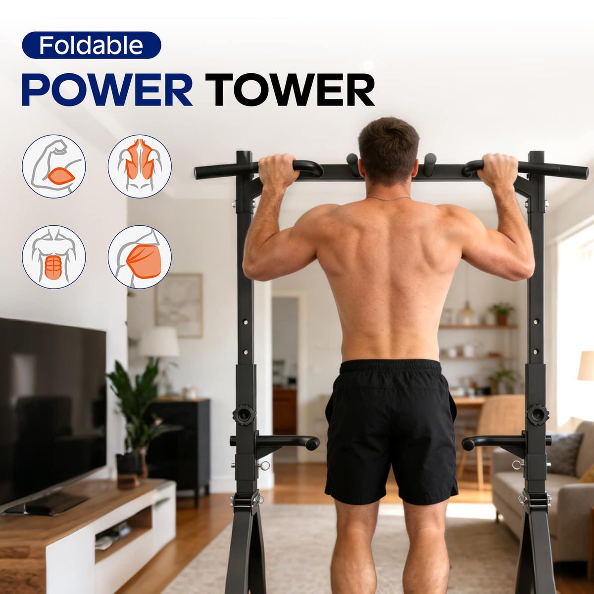KERDOM - Foldable Pull Up Station Pull Up Bar For Home Gym, Power Tower Strength Training Space Saving Anti Slip, 300lbs Capacity - Black