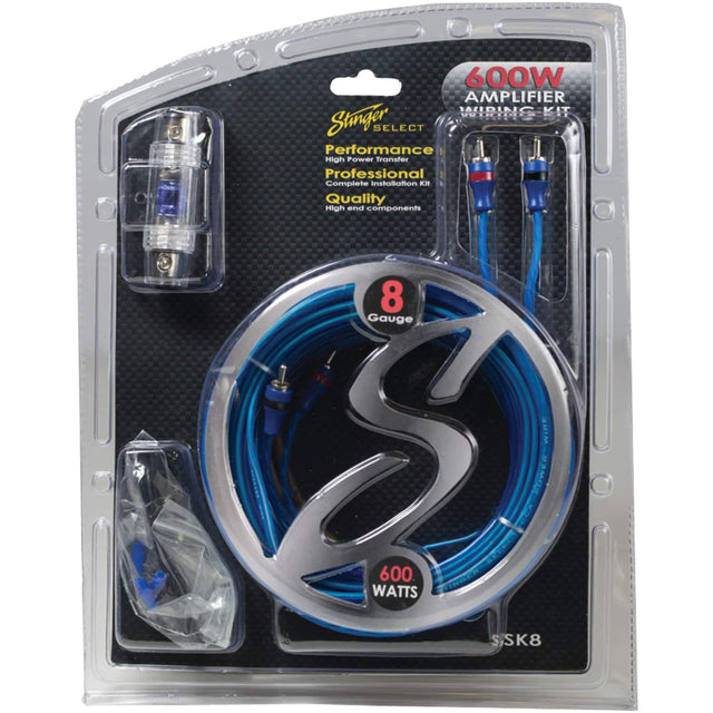 600W AMPLIFIER WIRING KIT  
Stinger SELECT  
Performance Power Transfer Professional Complete Installation Kit  
Quality High-end components  
8 Gauge  
600 WATTS  
SK8