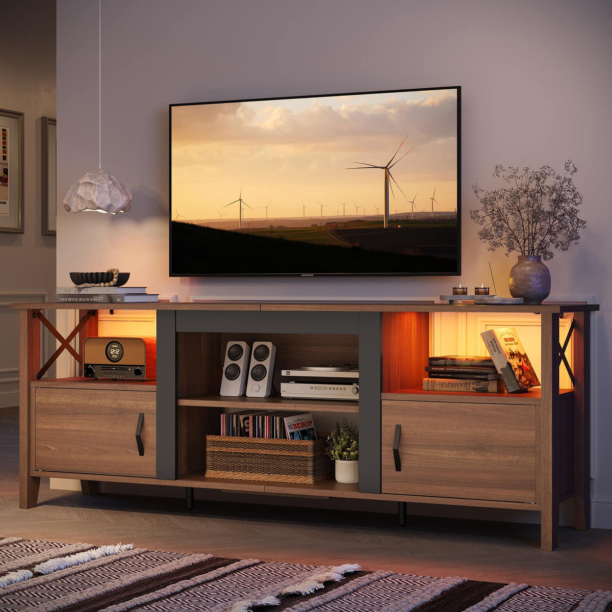 Bestier - Farmhouse LED TV Stand with Cabinet for Gaming Entertainment Fits TVs up to 70inch - Brown