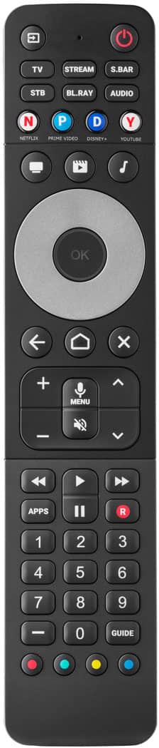 TV STREAM S.BAR STB BL.RAY AUDIO N P D Y NETFLIX PRIME VIDEO DISNEY+ YOUTUBE S OK X + MENU APPS R 1 2 3 4 5 6 7 8 9 - 0 GUIDE