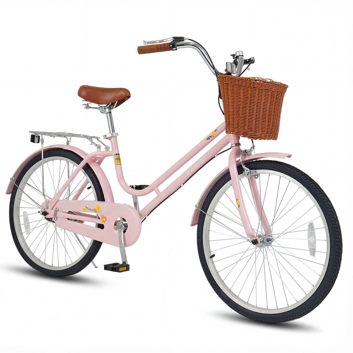 Gymax - 24-Inch Beach Cruiser Bike w/Adjustable Seat Woven Basket & Rear Rack for City - Pink