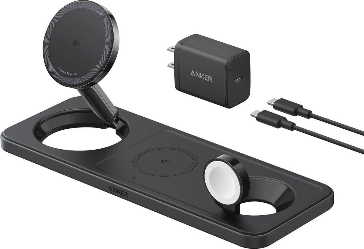 Anker - Refurbished Excellent - Wireless Charging Station (Qi 2.0, 15W, 3-in-1 - Black