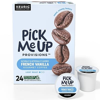 KEURIG GENUINE K-CUP  
PICK ME UP PROVISIONS  
NATURALLY & ARTIFICIALLY FLAVORED  
FRENCH VANILLA  
GOURMET COFFEE  
LIGHT ROAST  
24 K-CUPPOOS  
RECYCLABLE  
SWEET, CREAMY, BUTTERY  
PICK ME UP PROVISIONS  
FRENCH VANILLA  
GOURMET COFFEE  
KEURIG