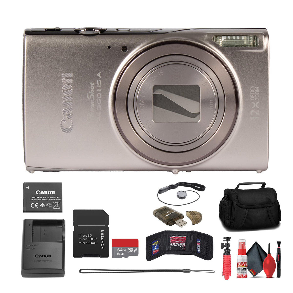 Bundle - Canon - PowerShot ELPH 360 HS A Camera + 64GB Card + Case + More - Silver