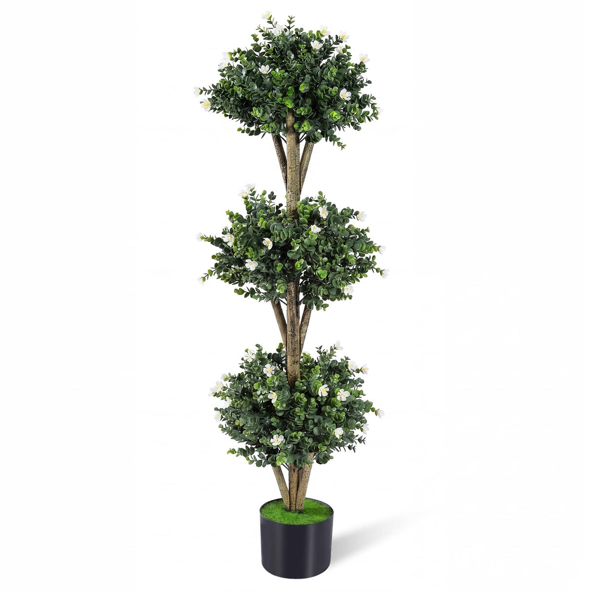 Gymax - 51'' Artificial Triple Ball Boxwood Topiary Tree w/ 59 Blossoms for Porch Home Green & Black - White