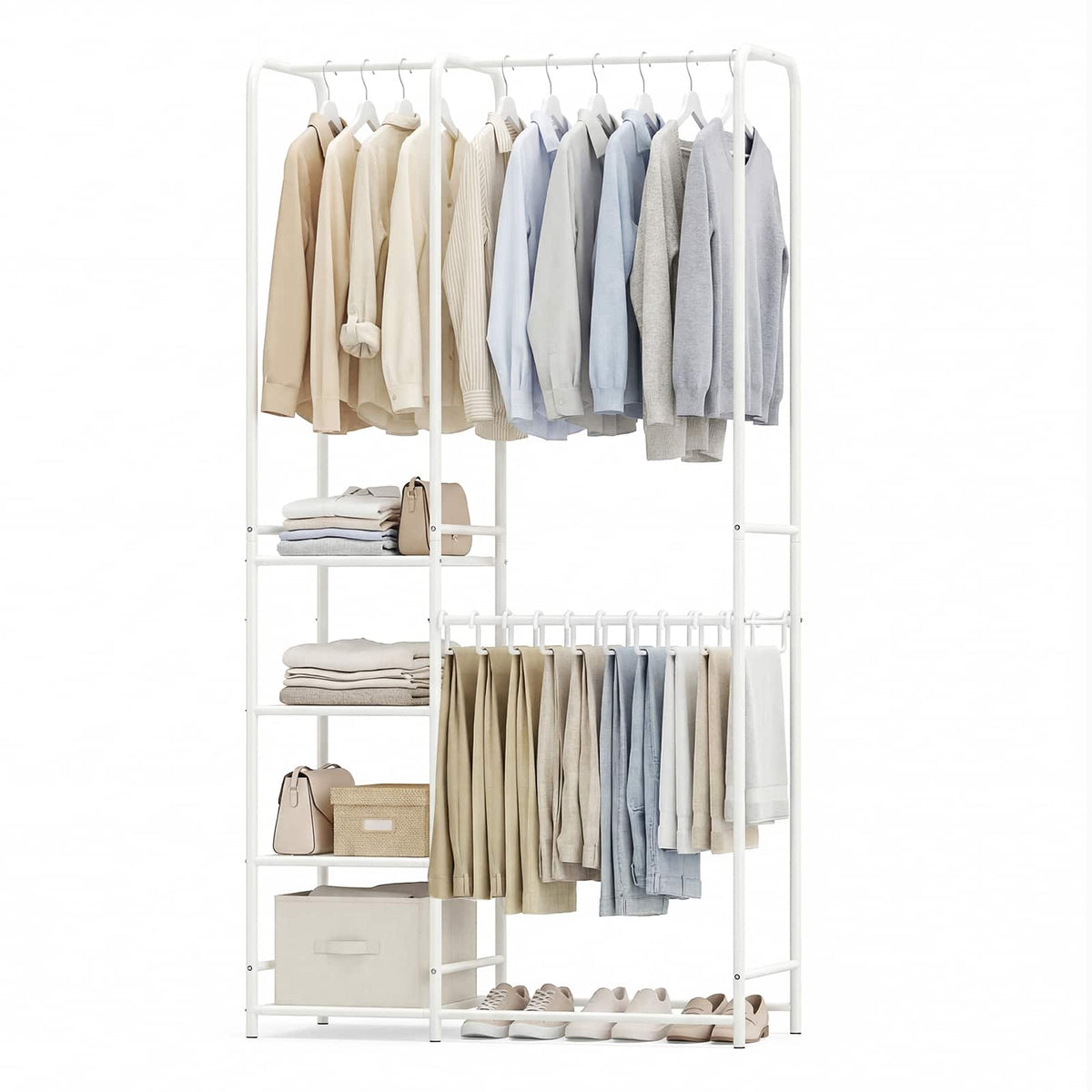 Gymax - Portable Closet w/Pants Hangers 2 Hanging Rods 4 Storage Shelves for Bedroom - White
