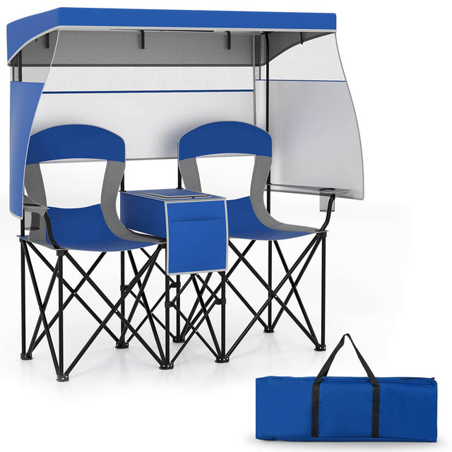 Front. Costway - Costway Double Beach Chair with Adjustable Canopy Oversized Folding Camping Chair - Navy.