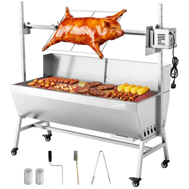 Front. VEVOR - Rotisserie Grill, 38W BBQ Outdoor Pig & Lamb Spit Roaster, Charcoal Spit Roaster with 132 LBS Capacity - Stainless steel color.